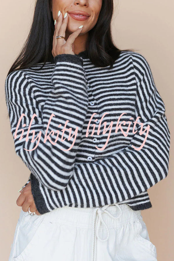 Fashionable Contrast Striped Casual Long-sleeved Knitted Cardigan