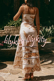 Daje Linen Blend Unique Print Round Hollow Trim Tie-up Bust Slip Maxi Dress