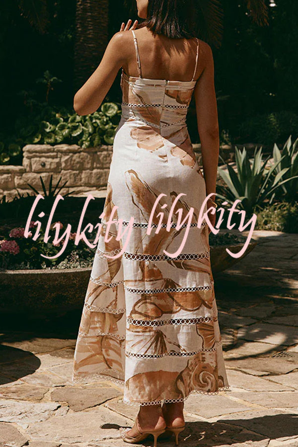 Daje Linen Blend Unique Print Round Hollow Trim Tie-up Bust Slip Maxi Dress