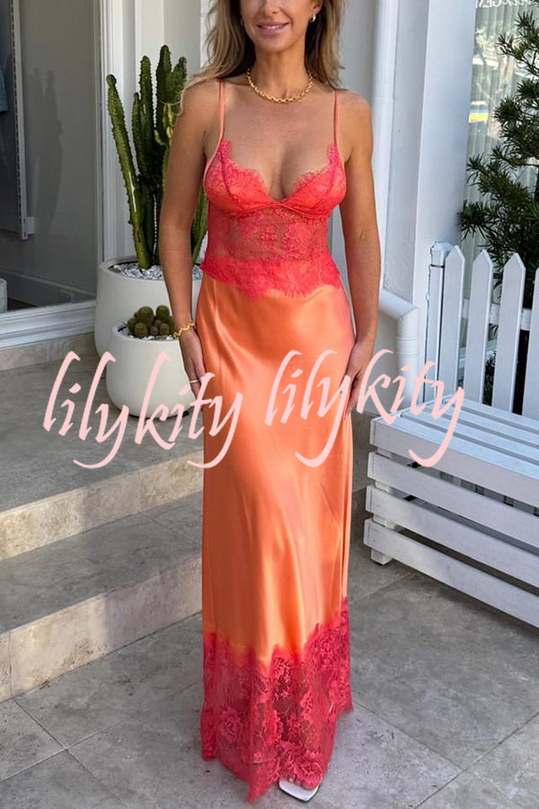 Elegant Evening Satin Lace Patchwork See-through Waist Slip Maxi Dress