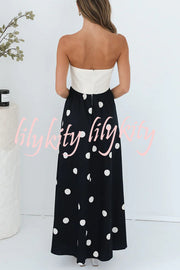 Fashion Polka Dot Print Tube Top Spliced Maxi Dress