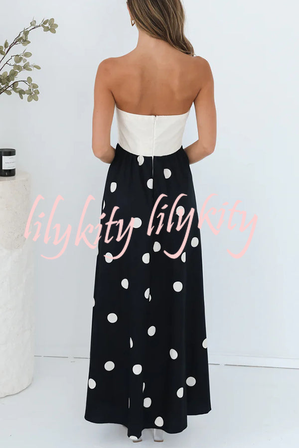 Fashion Polka Dot Print Tube Top Spliced Maxi Dress