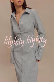 Elegant Energy Button Up Long Flare Sleeve Fitted Shirt Midi Dress