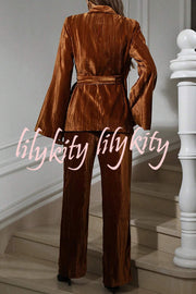 Solid Color Velvet Pleated Long-sleeved Tie Top and Casual Pocket Straight-leg Pants Set