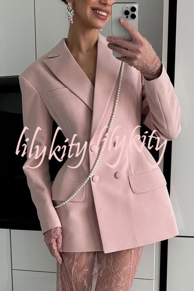 Solid Color Lapel Long Sleeve Waist Double-breasted Blazer