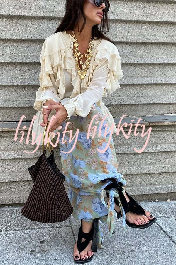 Autumn Boho Chiffon Lace Trim Ruffle Balloon Sleeve Blouse