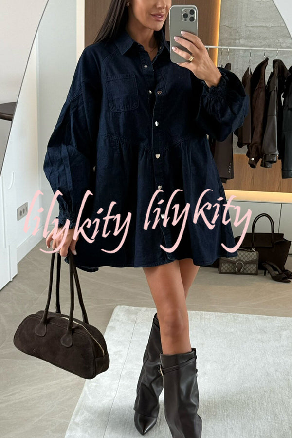 Fashion Heart Button Long Sleeve Casual Pocket Denim Mini Dress