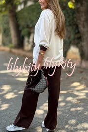 Stylish Color-blocked V-neck Knitted Button-down Cardigan and Elastic Waist Casual Wide-leg Pants Set