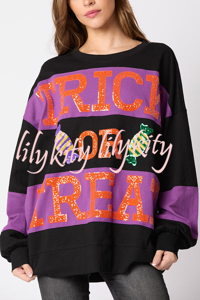 Halloween Letter Sequined Color Block Loose Casual Sweatshirt