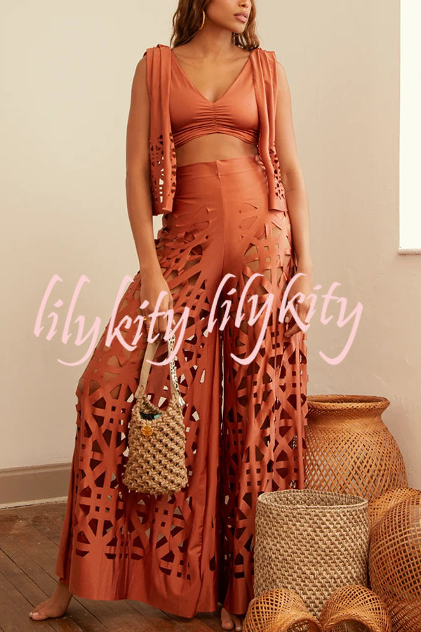 Sexy V-neck Sleeveless Top and Elastic Waist Hollow Wide-leg Pants Set