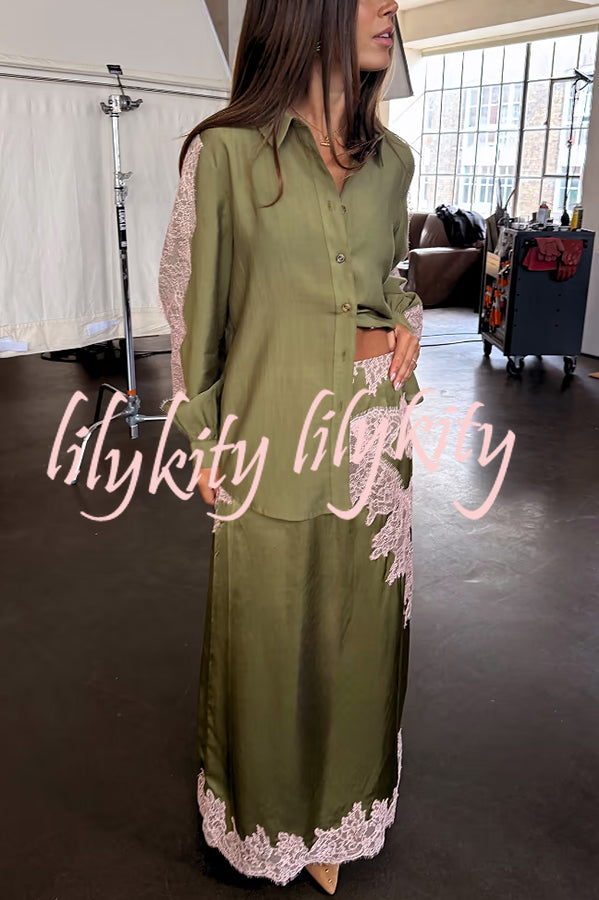 Eye-catching Work Contrast Color Lace Trim Button Up Long Sleeve Loose Blouse