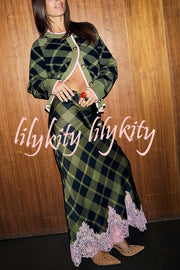 Holiday plaid Satin Unique Print Patchwork Lace Stretch Waist Draped Maxi Skirt