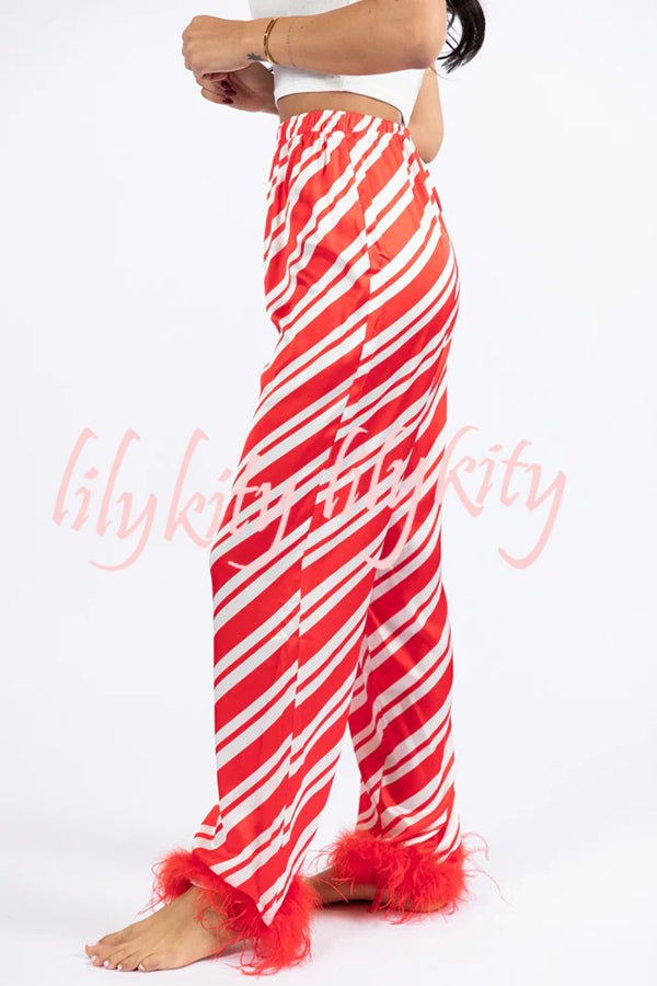 Christmas Party Striped Print Pocket Feather Elastic Waist Pajama Set