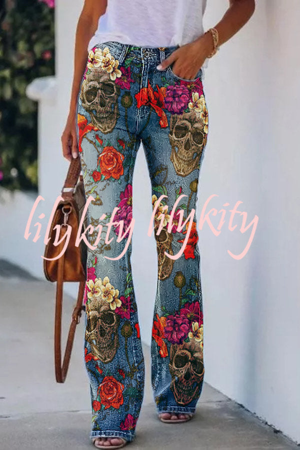 On A Drive Printed Faux Denim High Rise Flare Pants