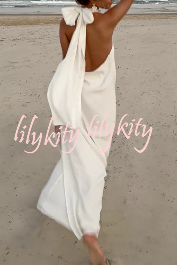 Floral Embellished Satin Halterneck Backless Resort Maxi Dress