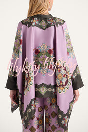 Satin Unique Print Loose Batwing Sleeve Top and Elastic Waist Pocket Casual Wide-leg Pants Set