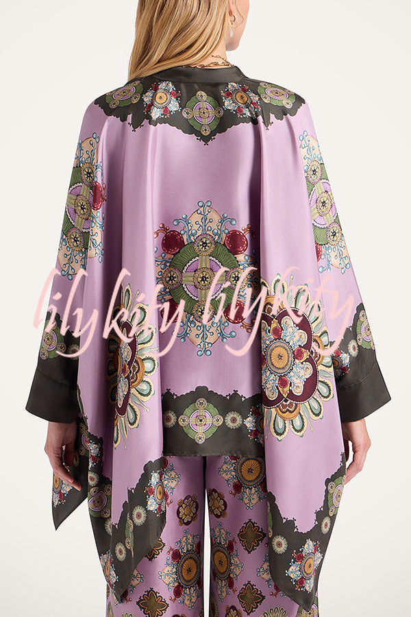 Satin Unique Print Loose Batwing Sleeve Top and Elastic Waist Pocket Casual Wide-leg Pants Set