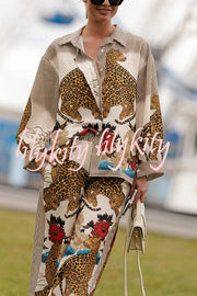 Exotic Leopard Flower Patchwork Print Button Down Oversized Blouse