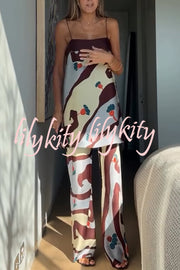 Loving Views Satin Unique Print a-line Tank and Elastic Waist Loose Pants Set