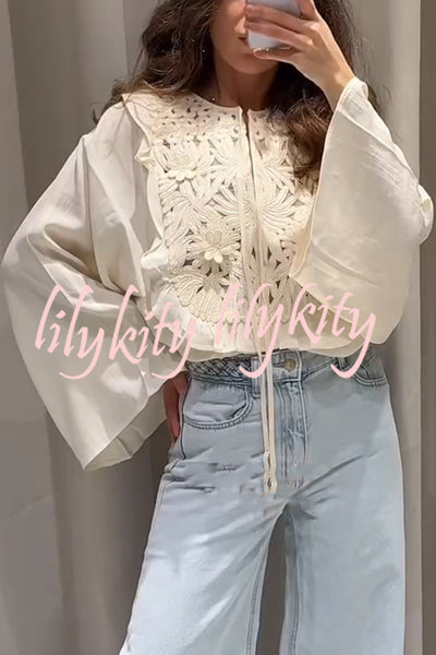 Fashionable Round Neck Tie Hollow Stitching Casual Shirt