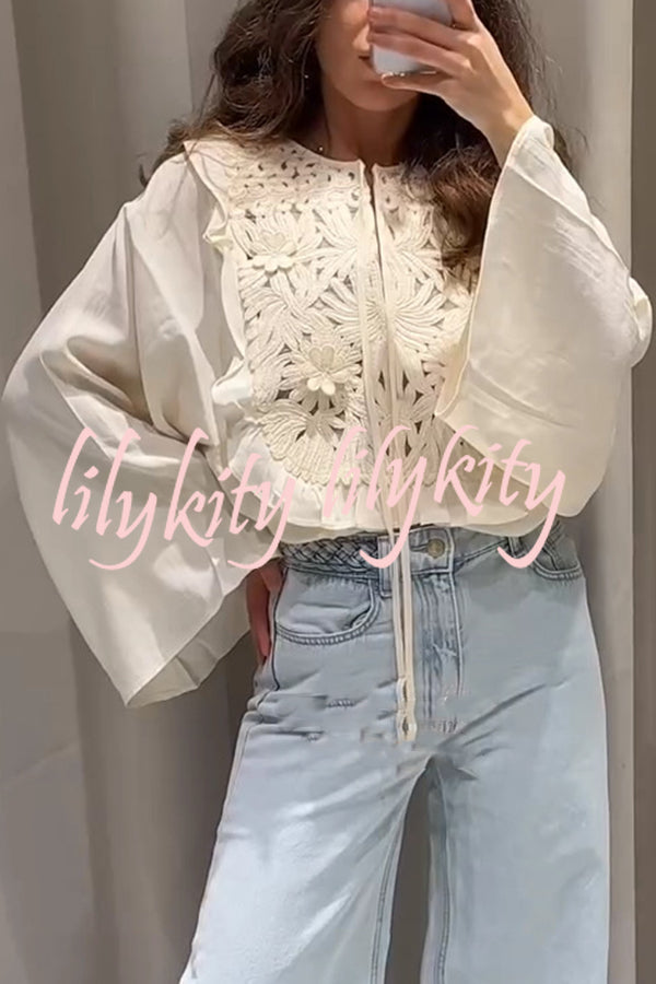 Fashionable Round Neck Tie Hollow Stitching Casual Shirt