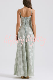 Romantic Vintage Feel Jacquard Fabric Back Lace-up Slip Floaty Maxi Dress