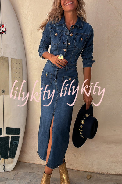 Tessy Denim Metal Button Zipper Shirt Stretch Pencil Slit Midi Dress