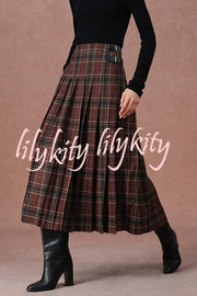 Yehudit Plaid Belt Buckle Design High Rise Pocket Midi Umbrella Skirt