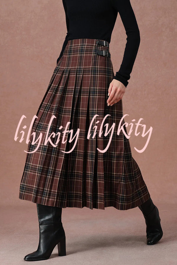 Yehudit Plaid Belt Buckle Design High Rise Pocket Midi Umbrella Skirt