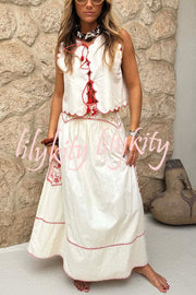 Sunny Day Linen Blend Contrast Embroidered Print Scallop Trim Lace-up Top
