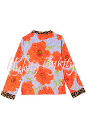 Color-block Poppy Leopard Print Trim Loose Shirt and Elastic Waist Pocketed Pajama Set