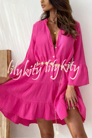 Linen Blend Solid V-Neck Bell Sleeve Casual Mini Dress