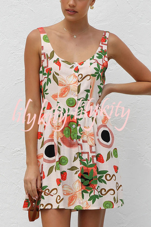 Botanical Print Sleeveless Button-Down Mini Dress