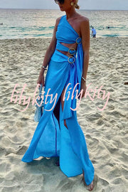 As Beautiful As The Sky Side Waist Ring Hollow Design Slit Vacation Maxi Dress