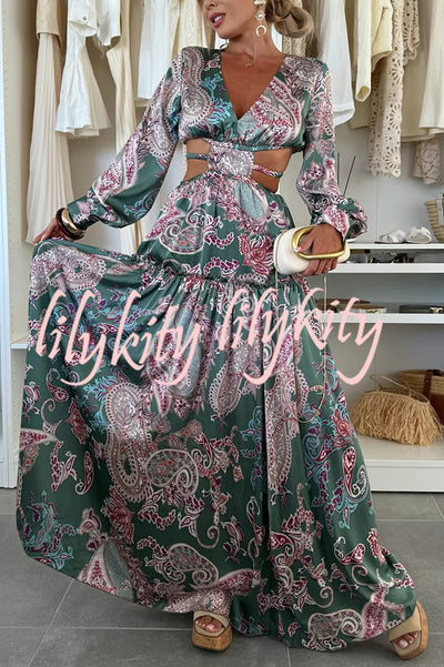 Gabbie Satin Paisley Print Cutout Elastic Waist Long Sleeve Full Hem Maxi Dress