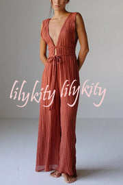 Resort Style V-neck Tie Pleated Casual Jumpsuit