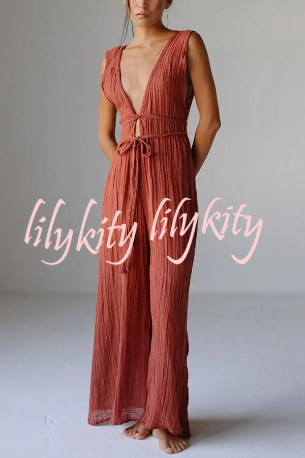 Resort Style V-neck Tie Pleated Casual Jumpsuit