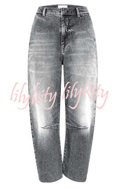 Casual Meetup Washed Denim Mid Rise Pocketed Barrel Jeans