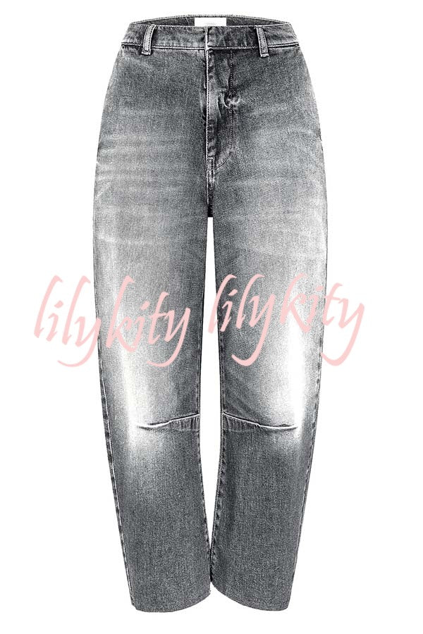 Casual Meetup Washed Denim Mid Rise Pocketed Barrel Jeans
