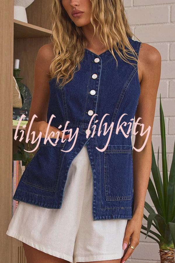 Fashionable Casual Slim Fit Button Pocket Denim Vest