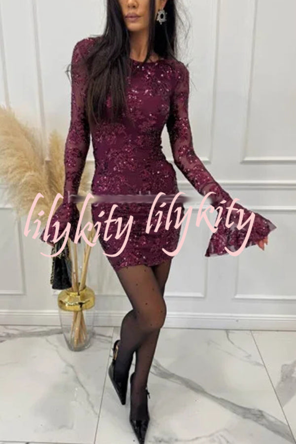 Deep and Dazzling Floral Texture Sequin Long Bell Sleeve Open Back Mini Dress
