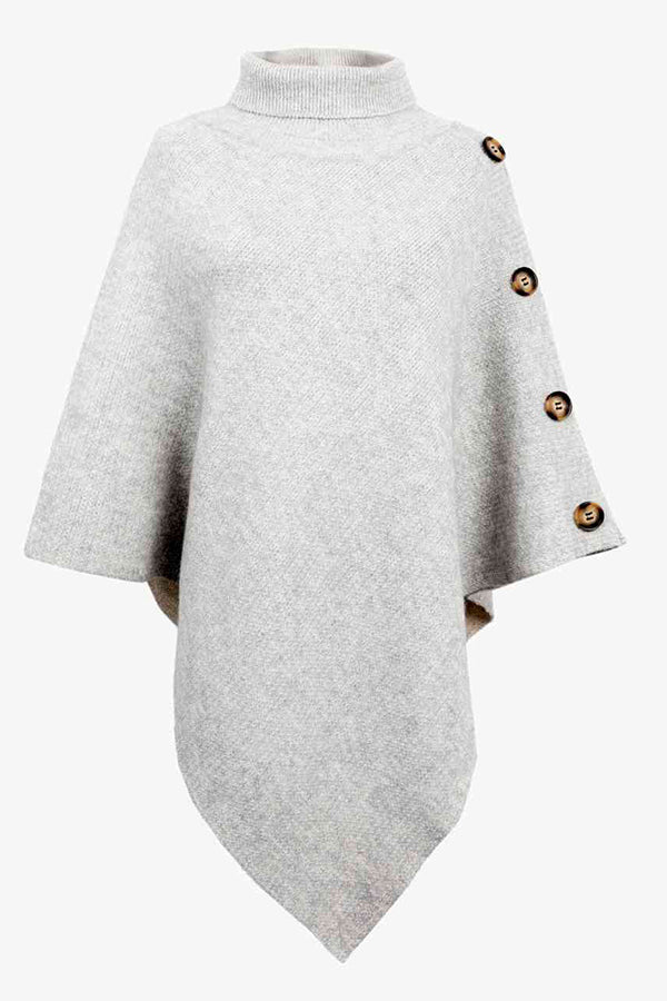 Solid Color Turtleneck Button-embellished Knitted Shawl Cape