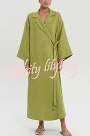 Linen Blend Solid Color Casual Lapel Tie Loose Maxi Dress