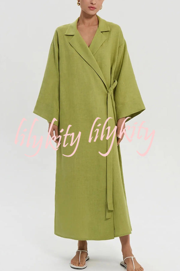 Linen Blend Solid Color Casual Lapel Tie Loose Maxi Dress