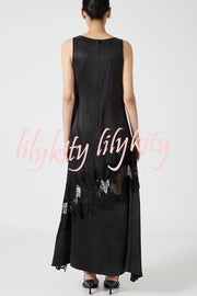 Pretty Soul Satin Lace Trim Wide Neck Irregular Hem Slit Maxi Dress