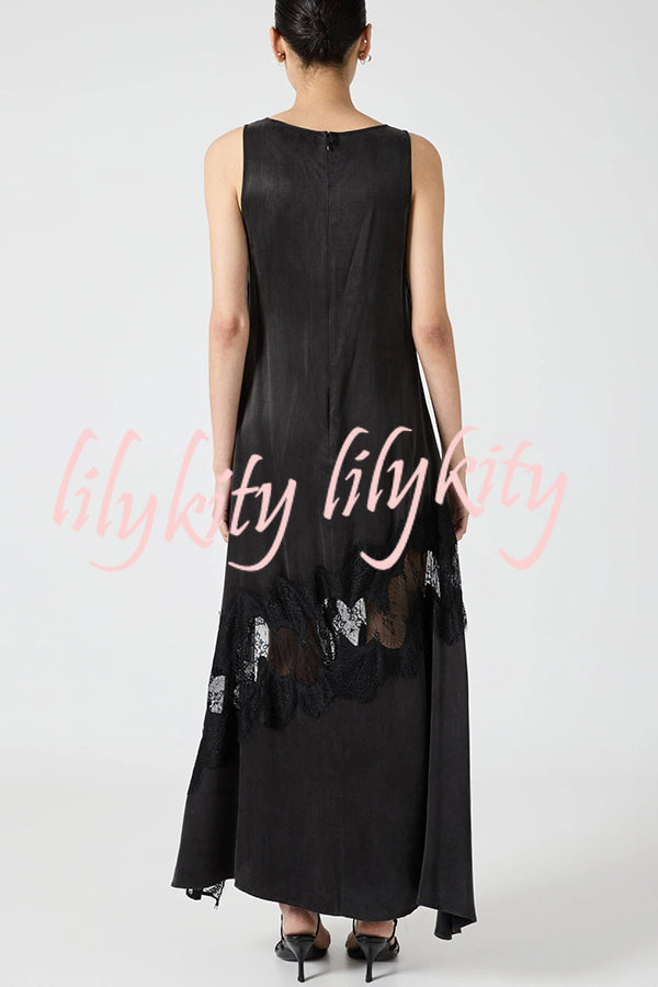 Pretty Soul Satin Lace Trim Wide Neck Irregular Hem Slit Maxi Dress