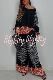 Unique Print Loose Drawstring Long Sleeve Top and Elastic Waist Casual Pocket Wide Leg Pants Set
