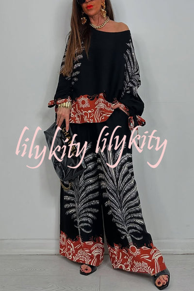 Unique Print Loose Drawstring Long Sleeve Top and Elastic Waist Casual Pocket Wide Leg Pants Set