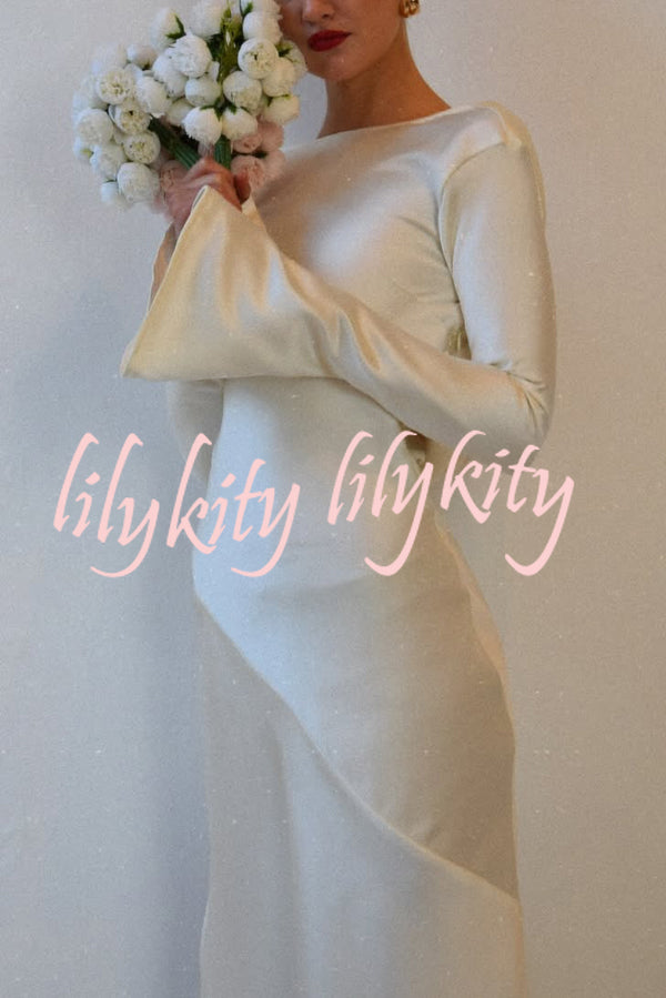 Satin Elegant Long-sleeved Open-back Slim-fit Slit Maxi Dress
