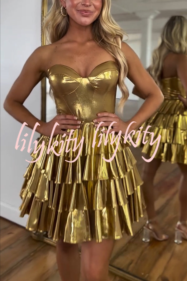 Like A Princess Metallic Fabric Off Shoulder Layered Rusffles Mini Dress